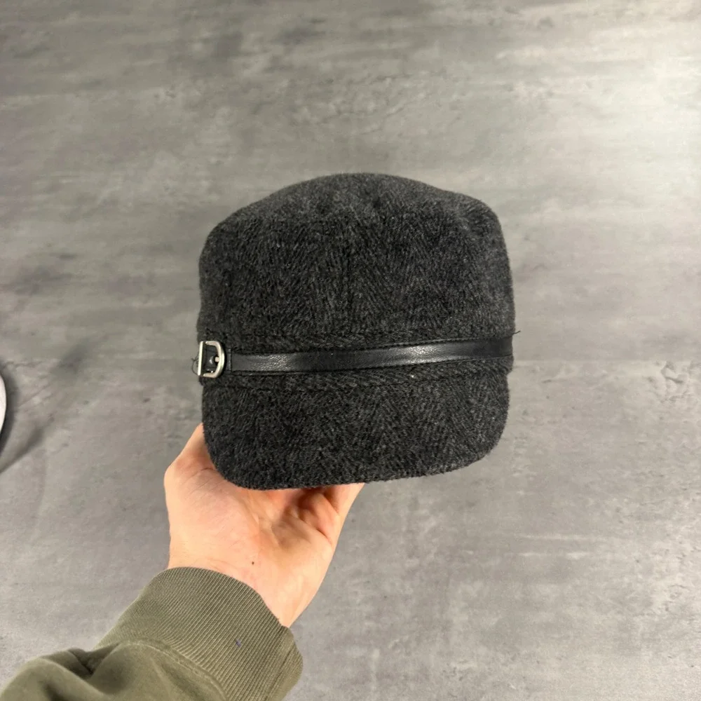 Cadet Hat Women OS Black Gray Herringbone Faux Leather Buckle‎ Military Cap
